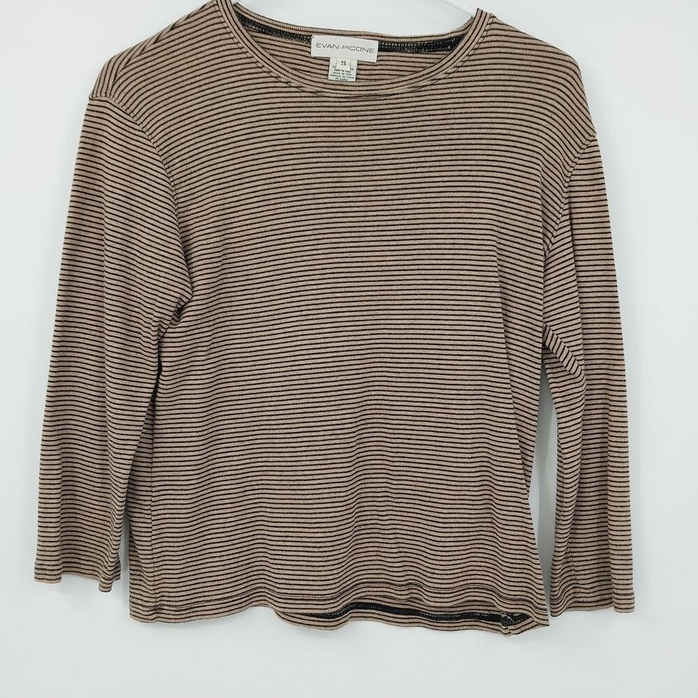 Evan-Picone Women's Long Sleeve Striped Knit Top Brown Black Crew Neck Small